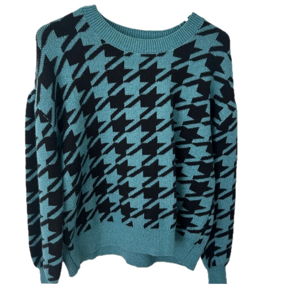 LOFT Teal & Black Houndstooth Sweater | Soft Knit | Size MP